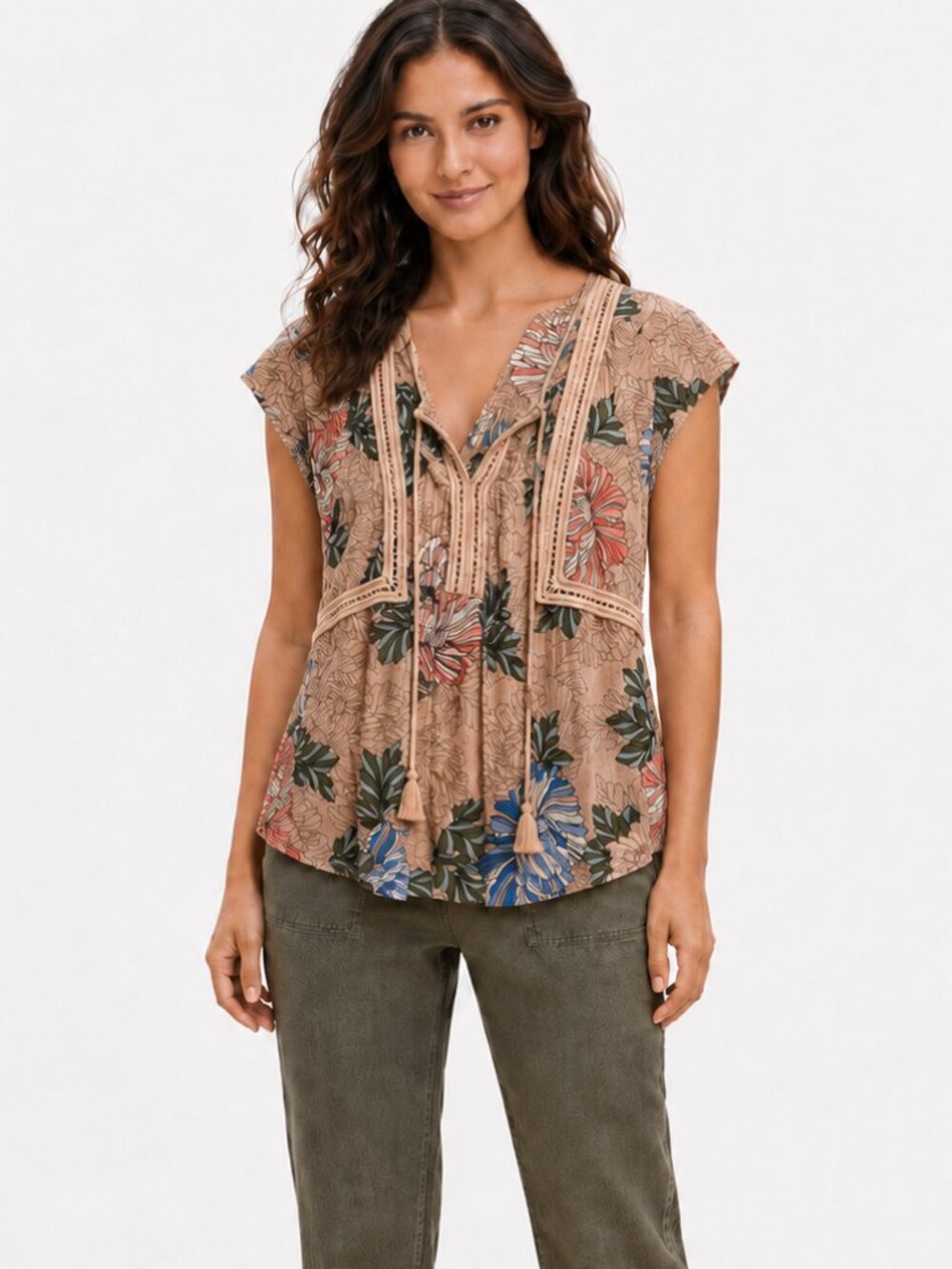 Daniel Rainn Pink Floral Cap Sleeve Tie Tassel Lightweight Boho Blouse Size XS
